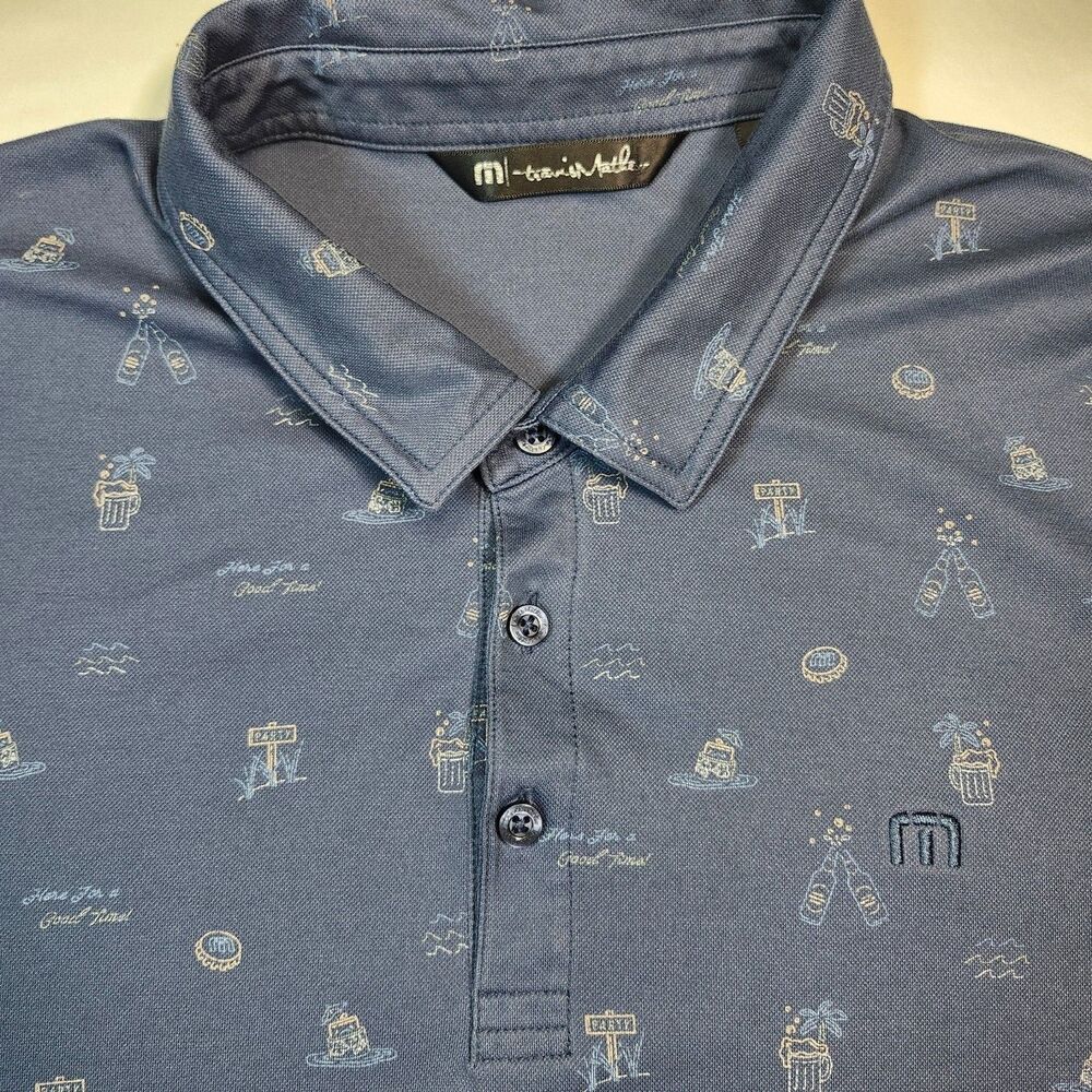 Travis Mathew Mens 2XL Blue All-Over Beer Print Golf Polo Shirt Stretch